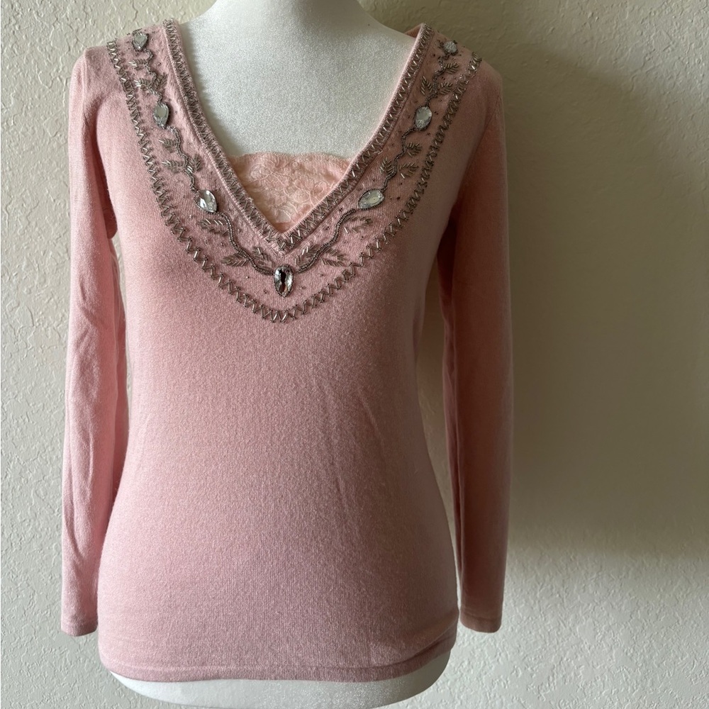 BOSTON PROPER Silk/Cashmere Blend Embellished V-Neck Sweater, size XS.